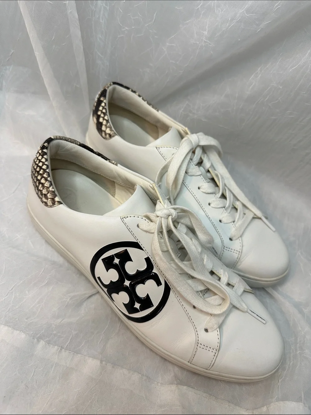 Tory Burch Leigh White Leather Sneakers with Black T Logo and Snake-Print Heel